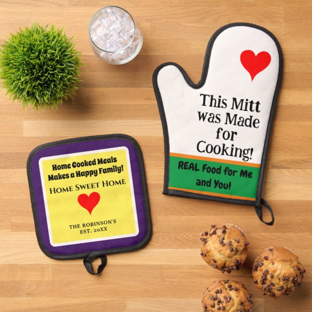 Home Cooked Green Orange Purple NAME Oven Mitt & Pot Holder Set (Top Down)