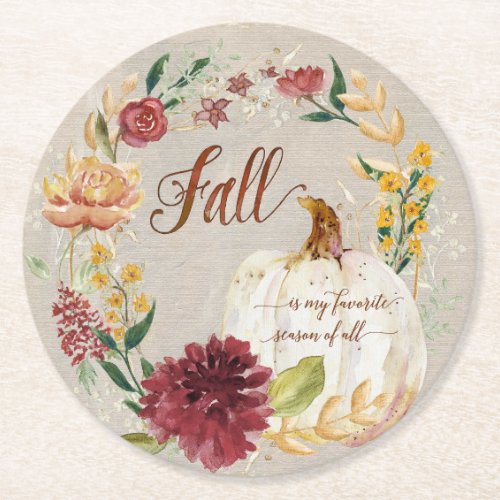 Home Decor Fall Autumn Pumpkin  Watercolor Floral Round Paper Coaster