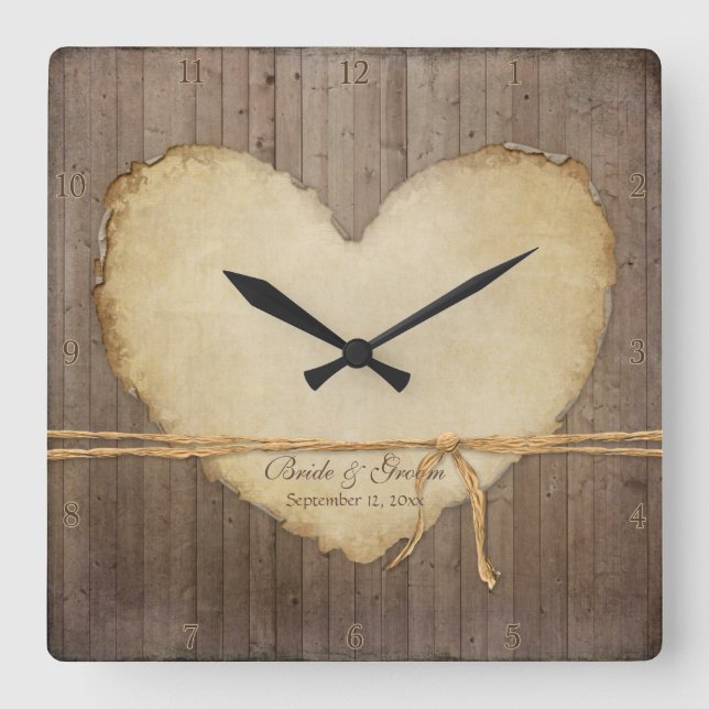 Home Decor Rustic Wood Fence Boards Heart Bridal Square Wall Clock (Front)