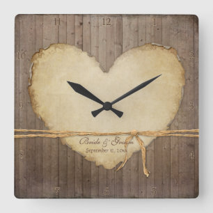Home Decor Rustic Wood Fence Boards Heart Bridal Square Wall Clock
