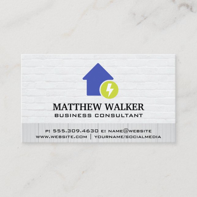 Home Electricity Icon | Brick Wall Wood Background Business Card (Front)