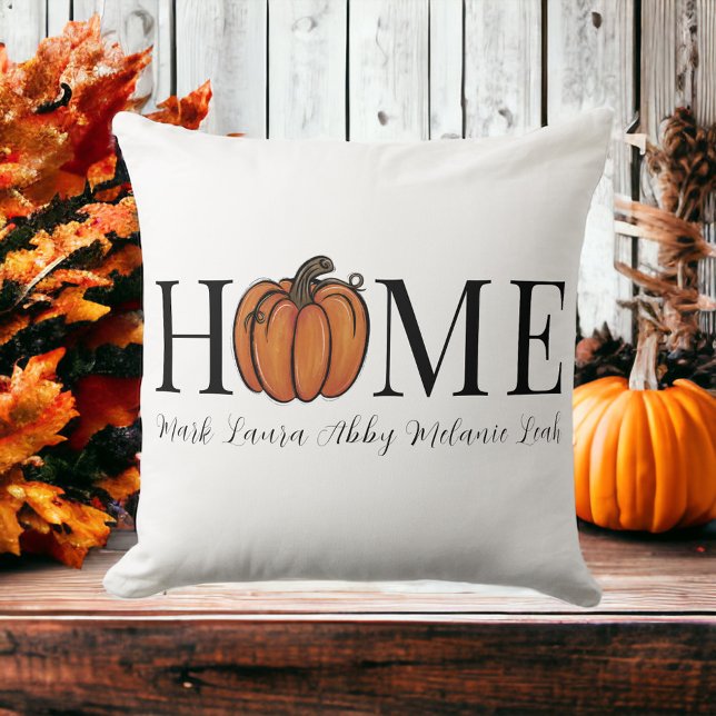 Home Fall Orange Pumpkin Personalized Family Names Throw Pillow (Creator Uploaded)