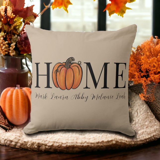 Home Fall Pumpkin Personalized Family Names Beige Throw Pillow (Creator Uploaded)