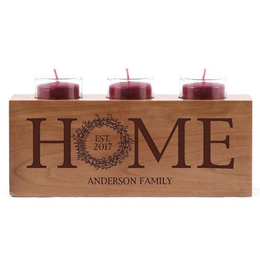 Home Family Name and Wreath Cherry Candle Holder (Front View)
