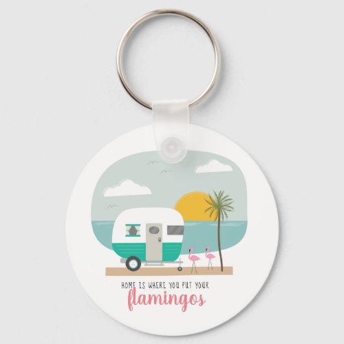Home Flamingos Turquoise Camper Beach Keychain