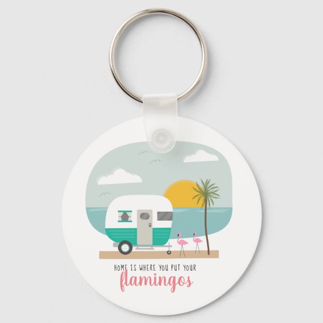 Home Flamingos Turquoise Camper Beach Keychain (Front)