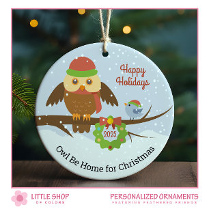 Home for Christmas Snow Owl Ceramic Ornament