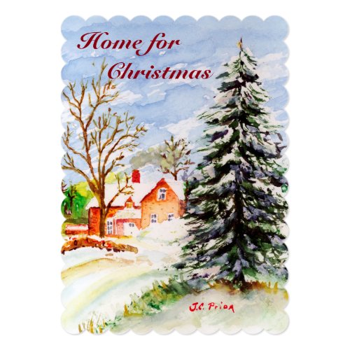 Home for Christmas Snowy Winter Scene Watercolor Card