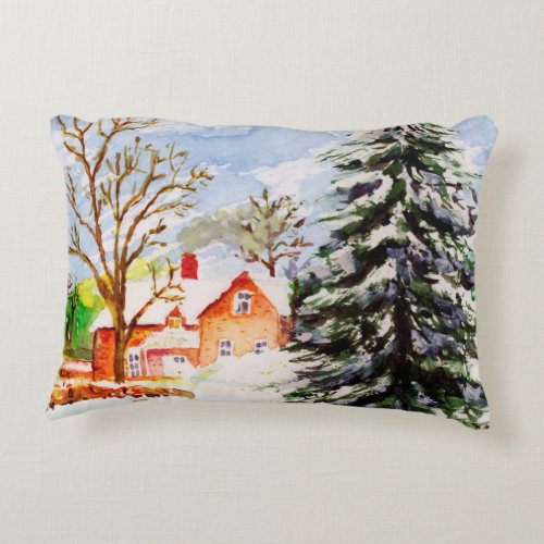 Home for Christmas Snowy Winter Scene Watercolor Decorative Pillow