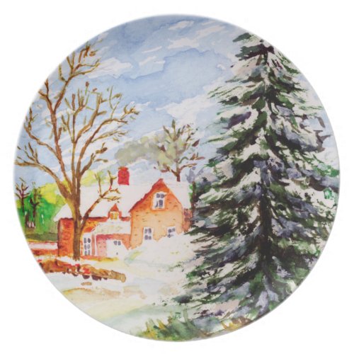 Home for Christmas Snowy Winter Scene Watercolor Dinner Plate