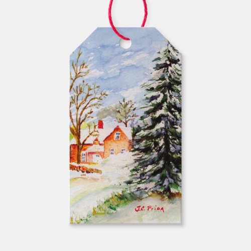 Home for Christmas Snowy Winter Scene Watercolor Gift Tags