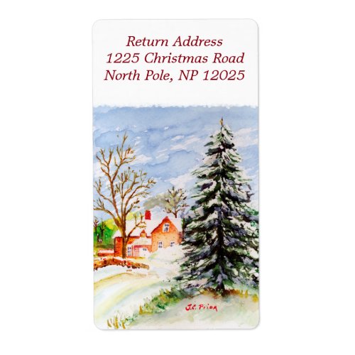 Home for Christmas Snowy Winter Scene Watercolor Label