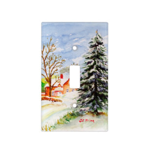 Home for Christmas Snowy Winter Scene Watercolor Light Switch Cover