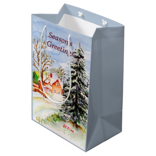 Home for Christmas Snowy Winter Scene Watercolor Medium Gift Bag