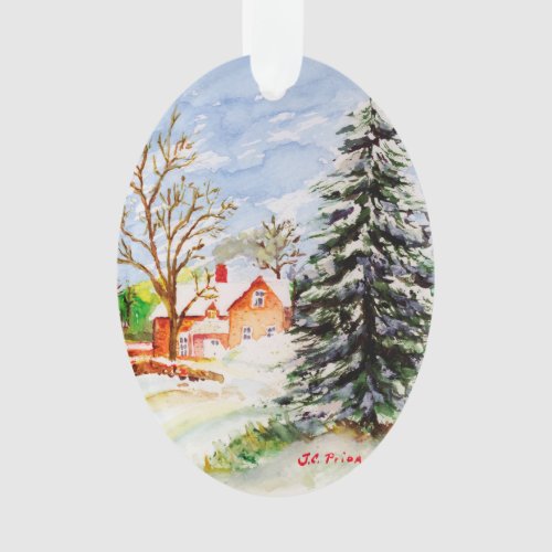 Home for Christmas Snowy Winter Scene Watercolor Ornament