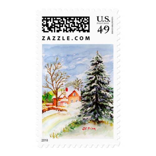 Home for Christmas Snowy Winter Scene Watercolor Postage
