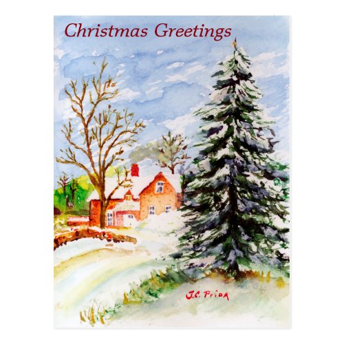 Home for Christmas Snowy Winter Scene Watercolor Postcard