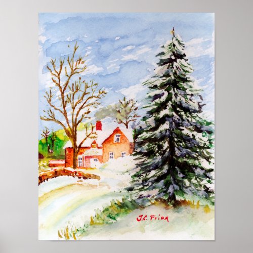 Home for Christmas Snowy Winter Scene Watercolor Poster