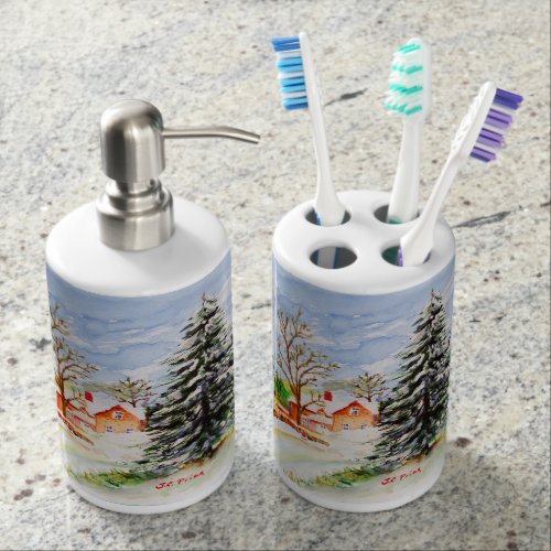 Home for Christmas Snowy Winter Scene Watercolor Soap Dispenser And Toothbrush Holder