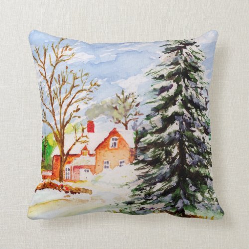 Home for Christmas Snowy Winter Scene Watercolor Throw Pillow