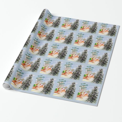Home for Christmas Snowy Winter Scene Watercolor Wrapping Paper