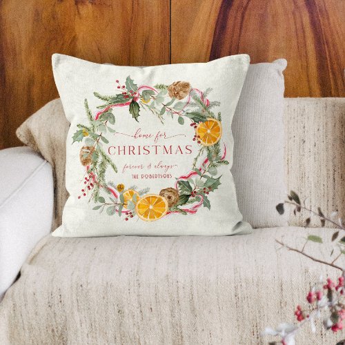 Home for Christmas Wreath Oranges Holly Ribbon Throw Pillow