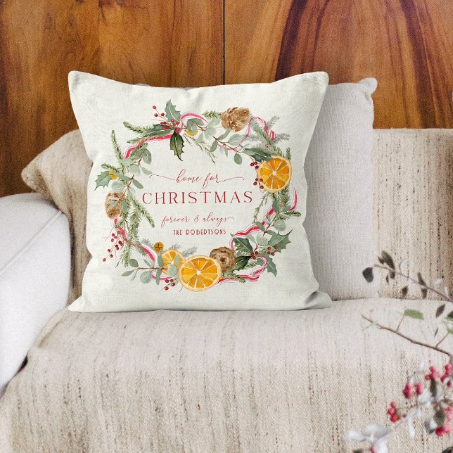 Home for Christmas Wreath Oranges Holly Ribbon Throw Pillow (Creator Uploaded)