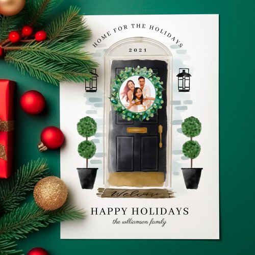 Home For The Holidays Black Watercolor Door Photo Holiday Card