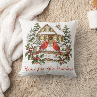 Home For The Holidays Christmas Cabin Cardinal Throw Pillow