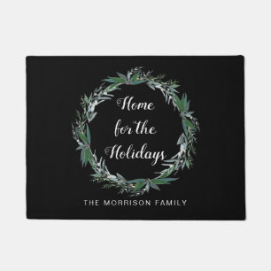 Home For The Holidays Christmas Wreath Family Name Doormat