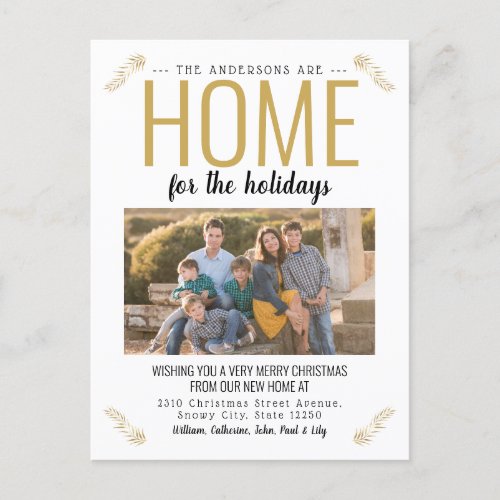 Home For the Holidays Gold Christmas Photo Moving Announcement Postcard
