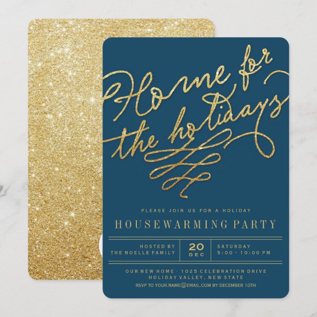 Home For The Holidays Gold Glitter Party Invite (Front/Back)