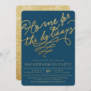 Home For The Holidays Gold Glitter Party Invite