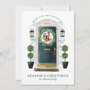 Home For The Holidays Green Watercolor Door Photo Holiday Card