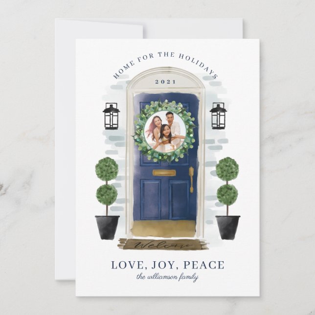 Home For The Holidays Navy Watercolor Door Photo Holiday Card (Front)