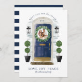 Home For The Holidays Navy Watercolor Door Photo Holiday Card (Front/Back)