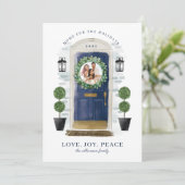 Home For The Holidays Navy Watercolor Door Photo Holiday Card (Standing Front)