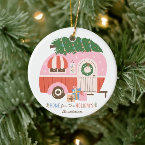 Home for the Holidays Pink Camper Christmas  Ceram Ceramic Ornament