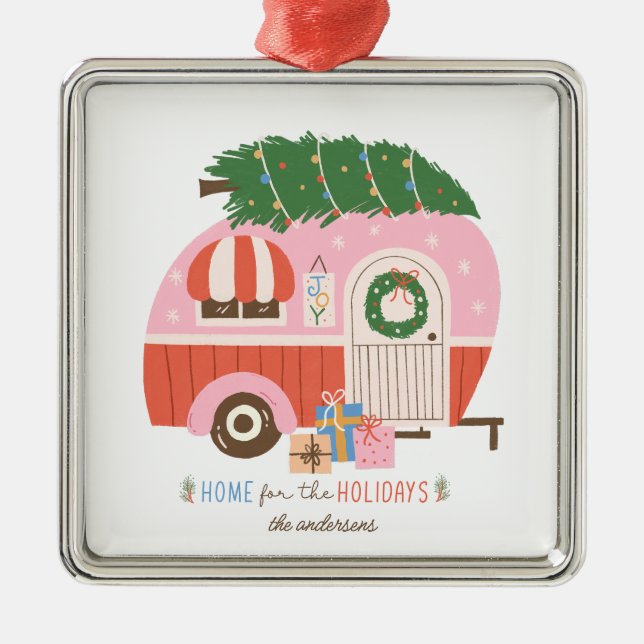 Home for the Holidays Pink Camper Christmas   Metal Ornament (Front)