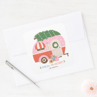 Home for the Holidays Pink Camper Square Sticker