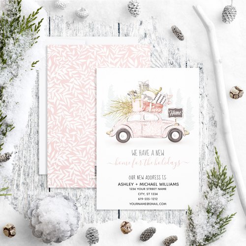 Home for the Holidays Pink Watercolor Car Moving Holiday Card