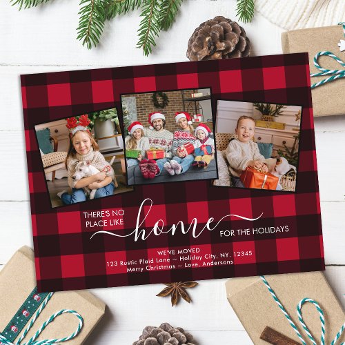 Home For The Holidays Red Plaid 3 Photo Moving  Announcement Postcard