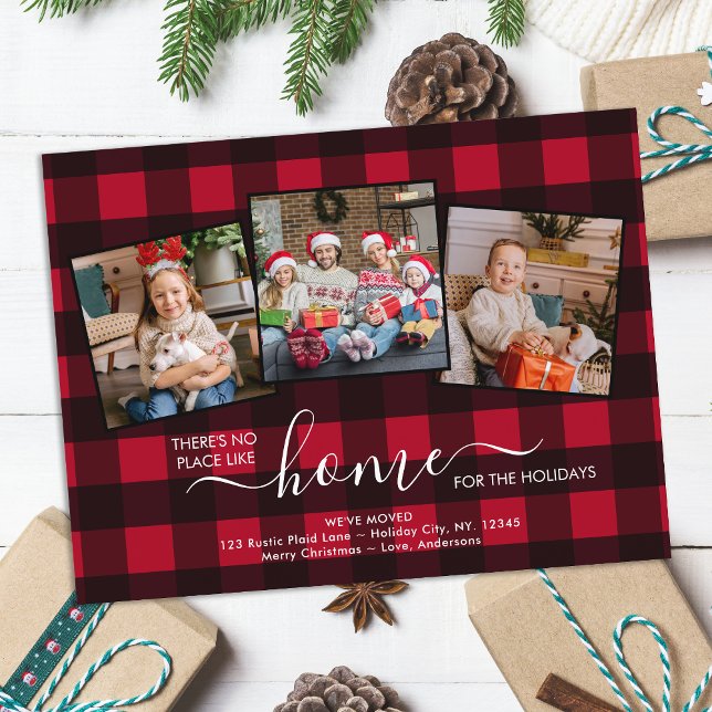 Home For The Holidays Red Plaid 3 Photo Moving  Announcement Postcard (Creator Uploaded)