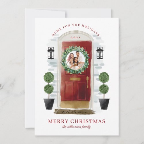 Home For The Holidays Red Watercolor Door Photo Holiday Card