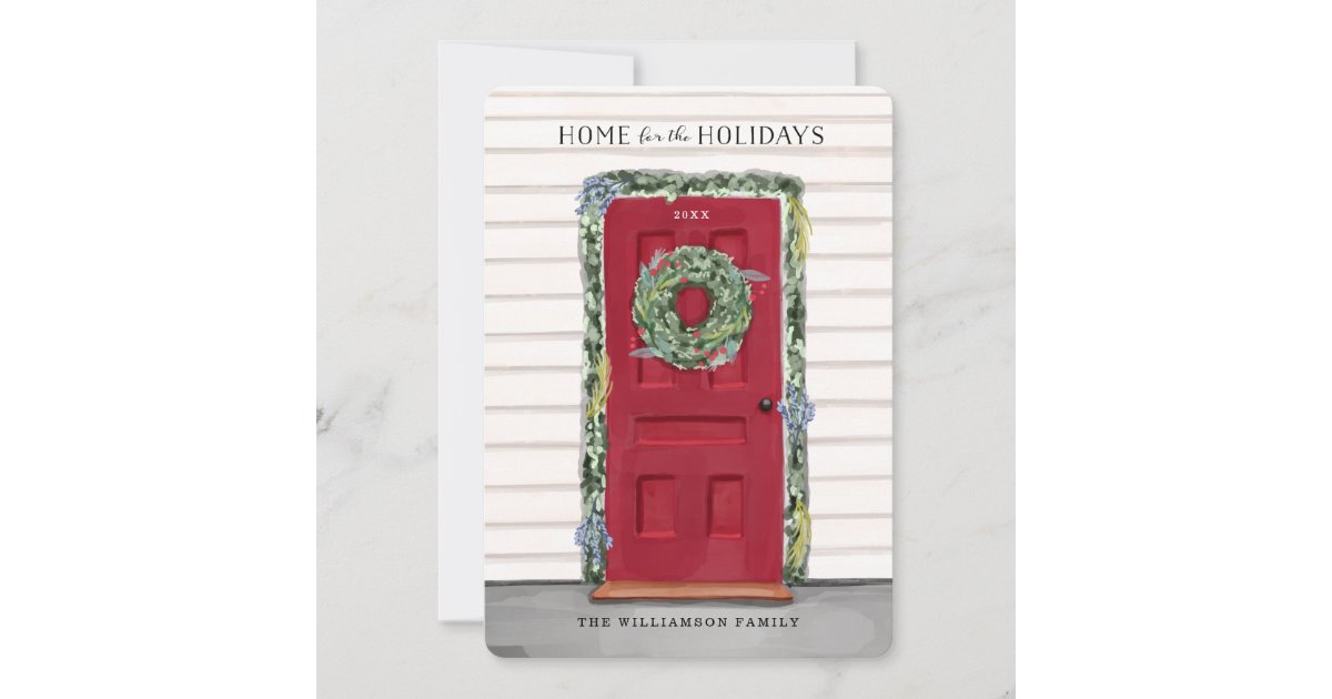 Home For The Holidays Red Watercolor Front Door Holiday Card