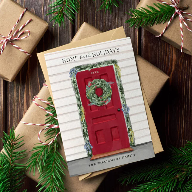 Home For The Holidays Red Watercolor Front Door Holiday Card Zazzle
