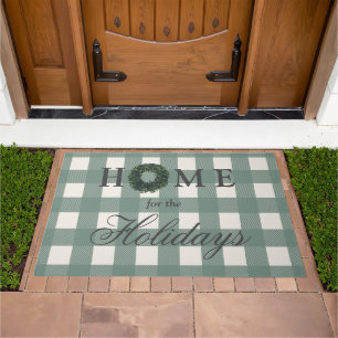Home for the Holidays Script Christmas Green Plaid Doormat