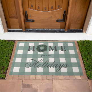 Home for the Holidays Script Christmas Green Plaid Doormat