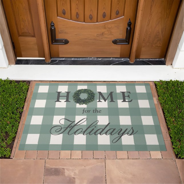 Home for the Holidays Script Christmas Green Plaid Doormat (Outdoor)
