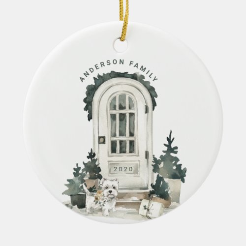 Home for the Holidays  White Door with Cute Dog Ceramic Ornament
